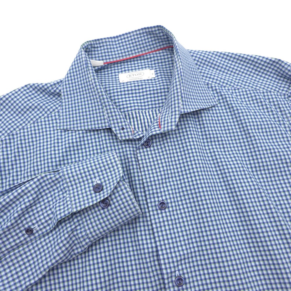 Eton Contemporary Fit Shirt Mens XL 17 Blue Green Micro Check Button Down L/S